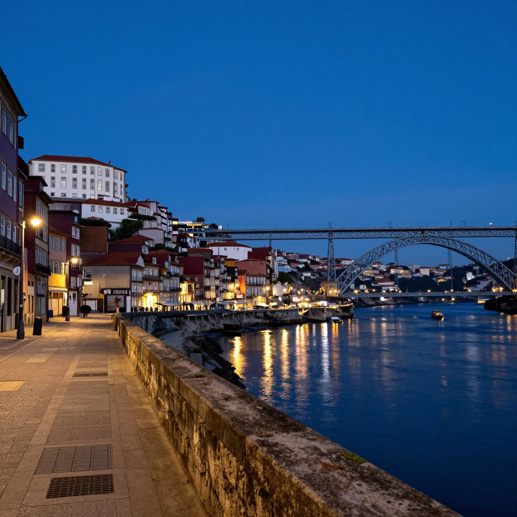 Blue Hour Street Scene in Porto Portugal with Galião Bridge and River Tagus in in Porto, Portugal