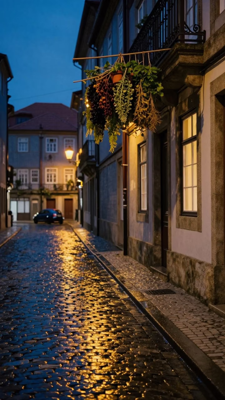 Blue Hour Street Scene in Porto Portugal with Hanging Herbs and Wet Cobblestone Alleyway in in Porto, Portugal