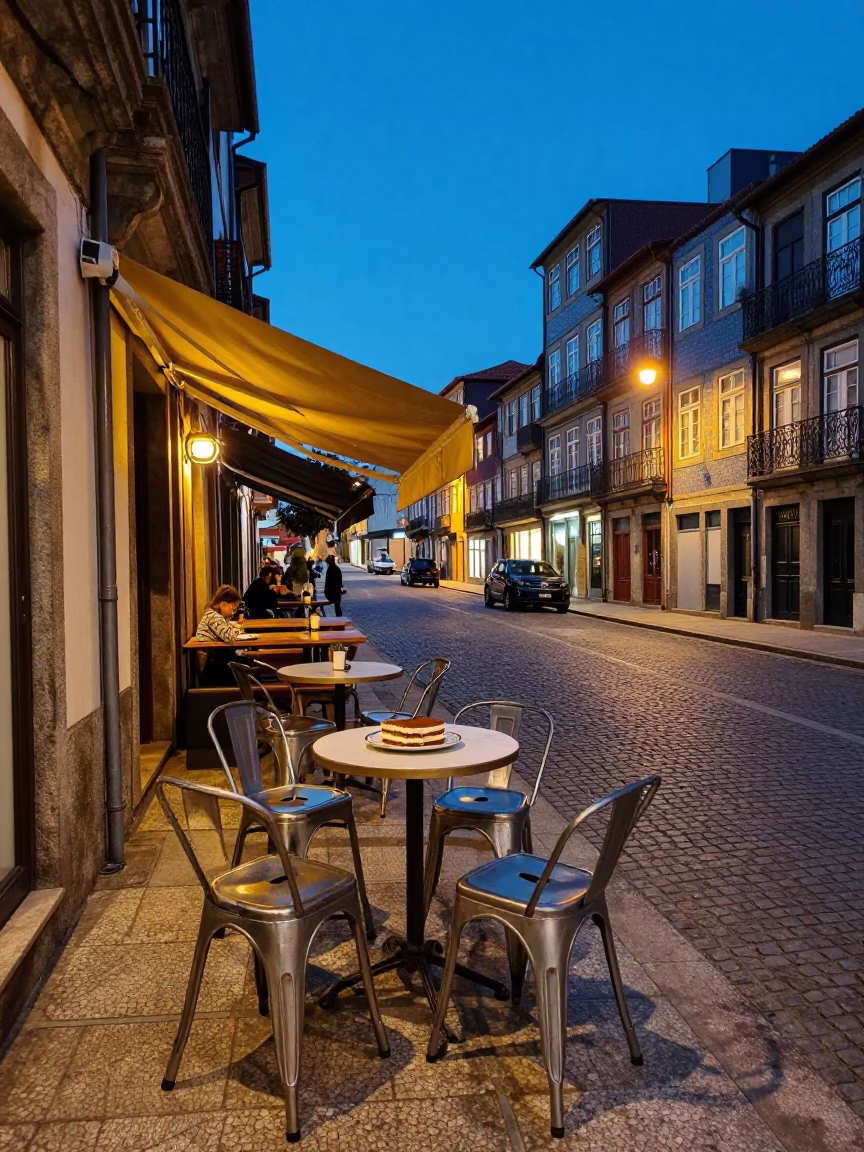 Blue Hour Street Scene in Porto Portugal with Metal Stools and Tiramisu Dessert in in Porto, Portugal