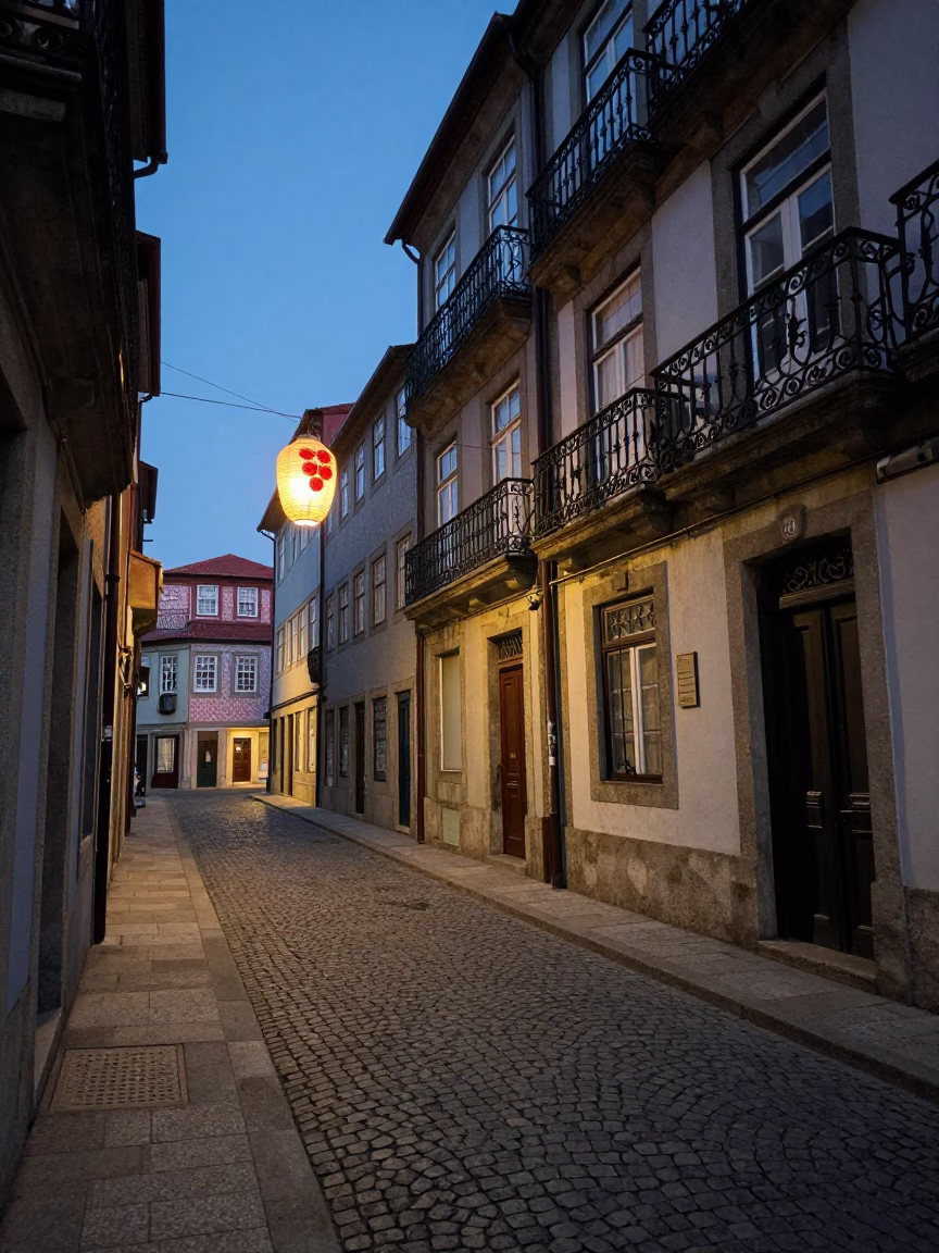 Blue Hour Street Scene in Porto Portugal with Paper Lantern and Raspberries in in Porto, Portugal