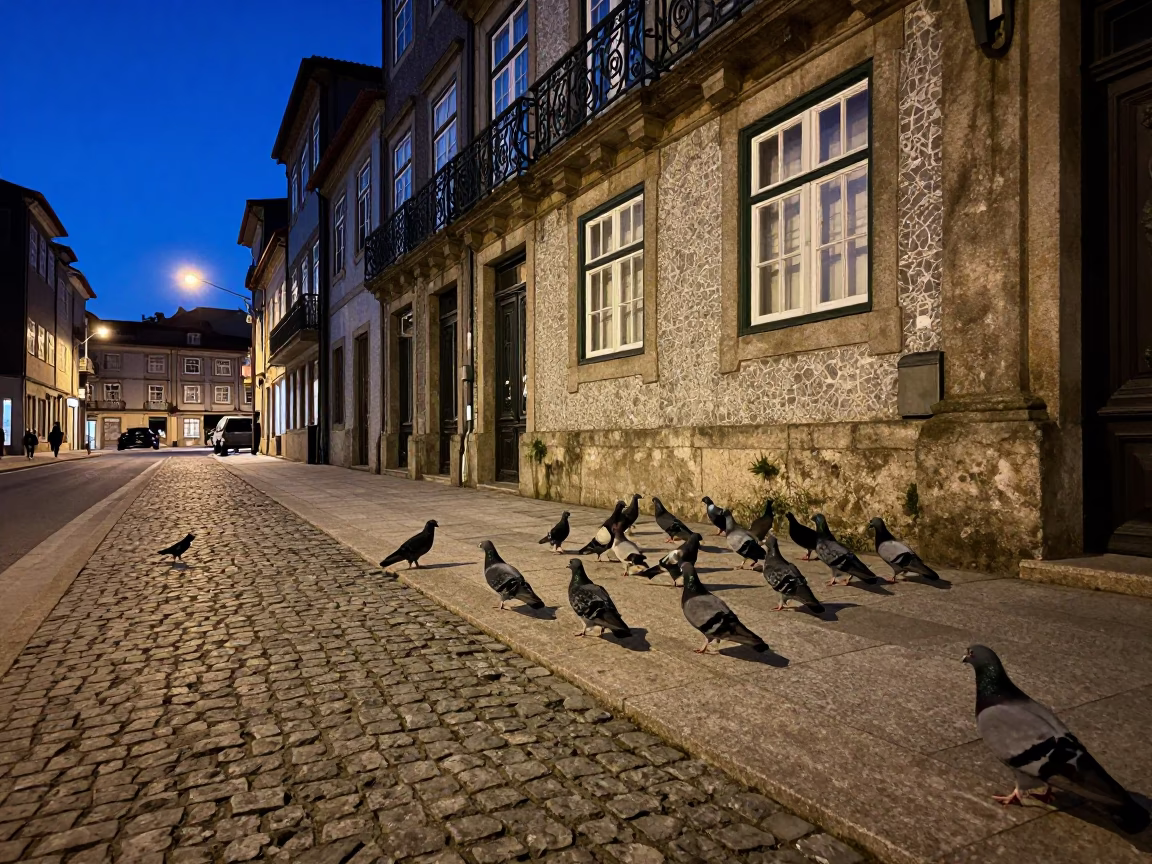 Blue Hour Street Scene in Porto Portugal with Pigeons and Historic Architecture in in Porto, Portugal