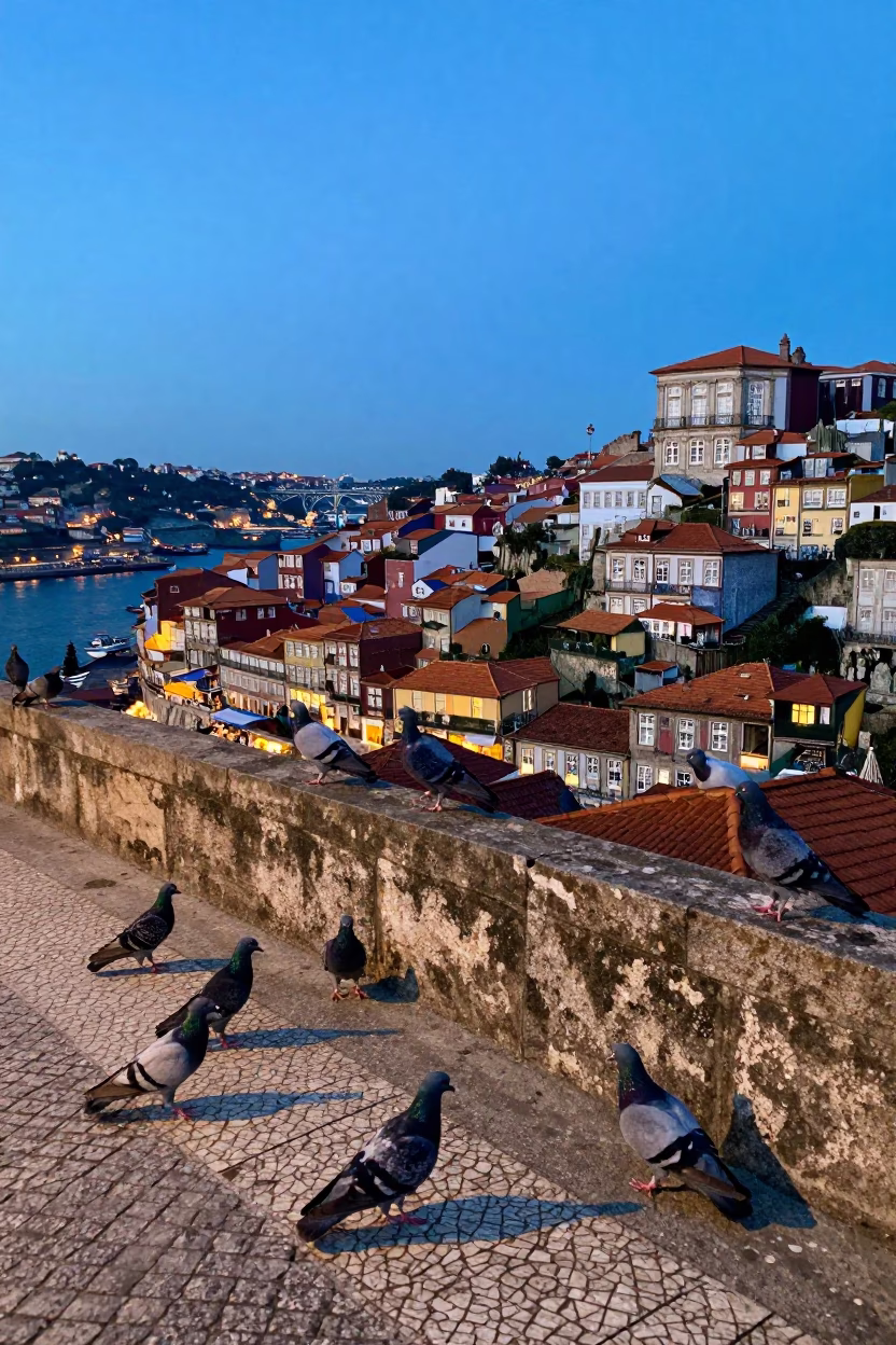 Blue Hour Street Scene in Porto Portugal with Pigeons and Vintage Architecture in in Porto, Portugal
