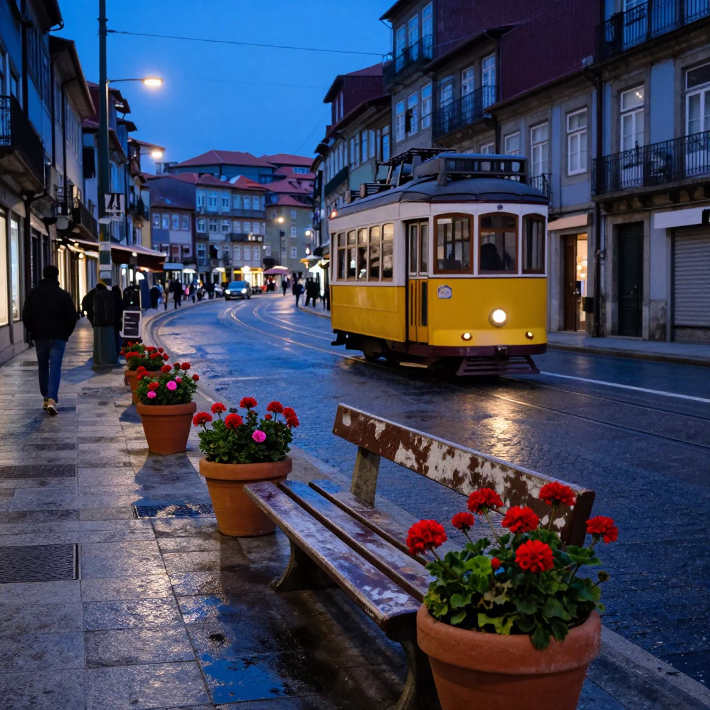 Blue Hour Street Scene in Porto Portugal with Potted Geraniums and Faded Bench in in Porto, Portugal