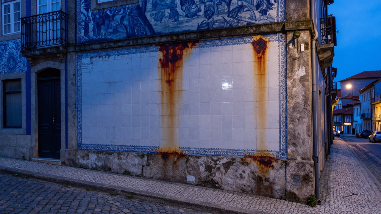 Blue Hour Street Scene in Porto Portugal with Rusty Tile and Tea Tin in in Porto, Portugal