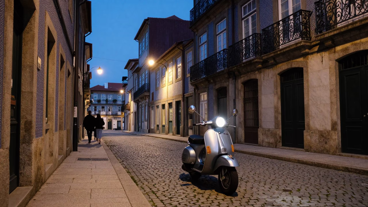 Blue Hour Street Scene in Porto Portugal With Scooter and Historic Architecture in in Porto, Portugal