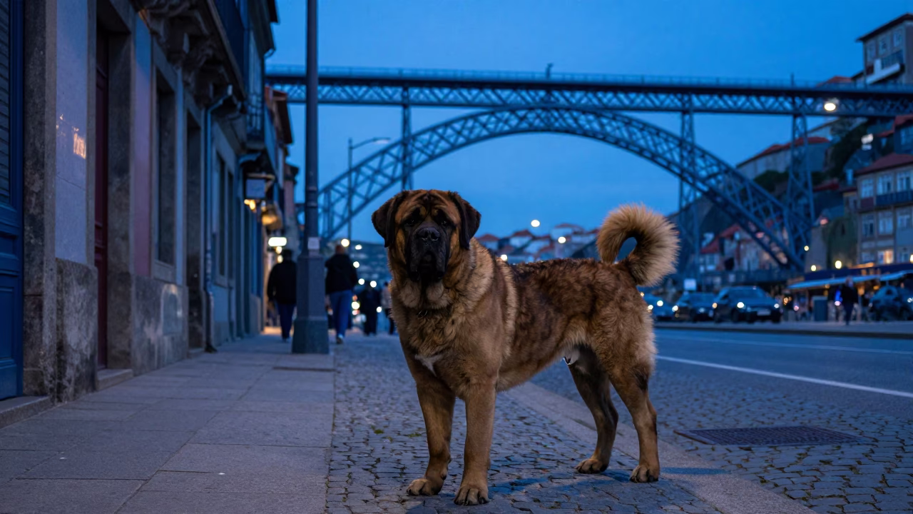 Blue Hour Street Scene in Porto Portugal with Spanish Mastiff and Bridge Details in in Porto, Portugal