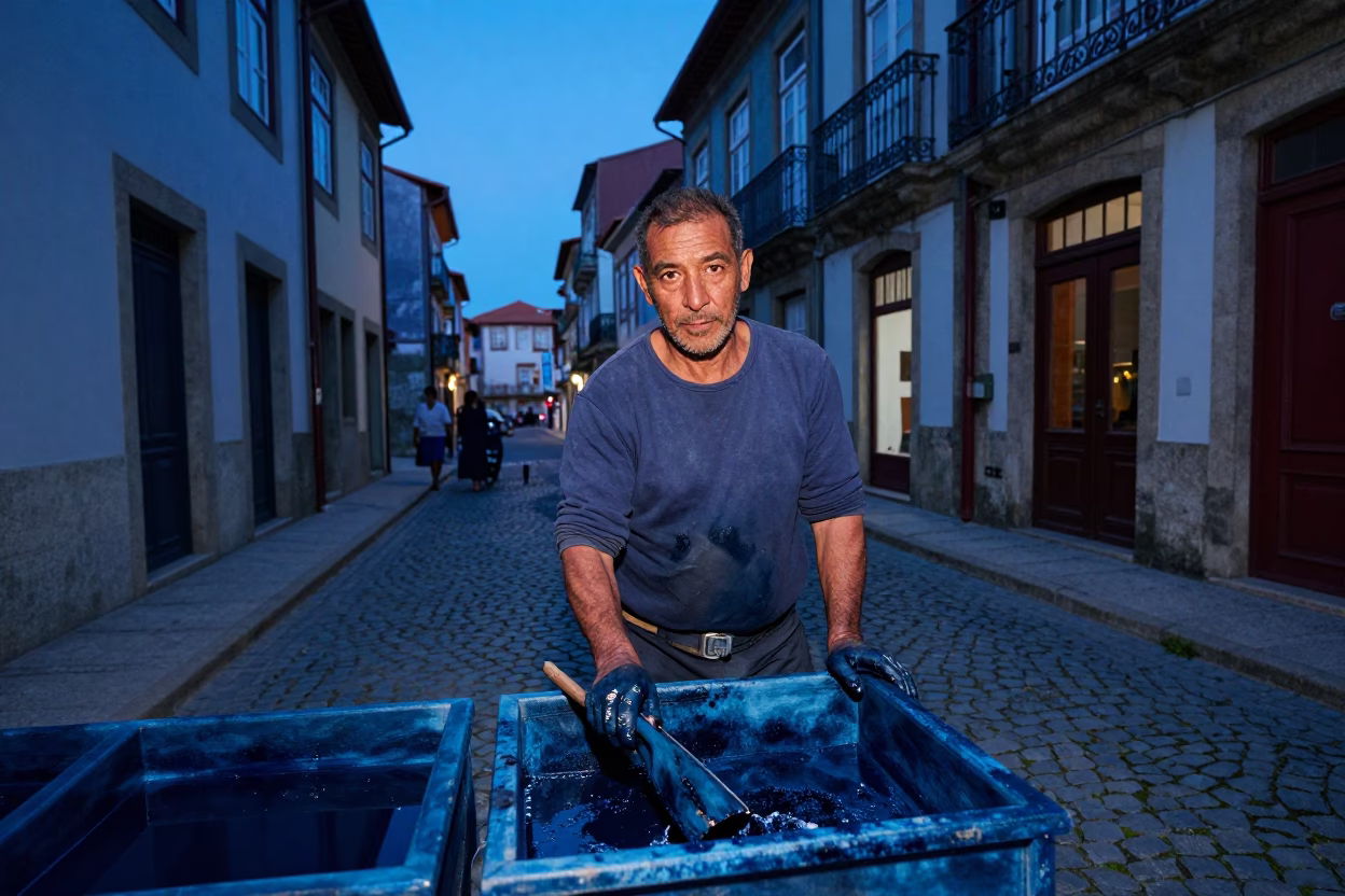 Blue Hour Street Scene in Porto Portugal with Textile Dyer and Indigo Stained Hands in in Porto, Portugal