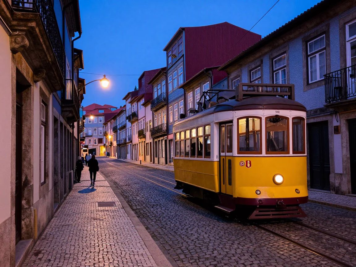 Blue Hour Street Scene in Porto Portugal with Traditional Tram and Cobblestone Streets in in Porto, Portugal
