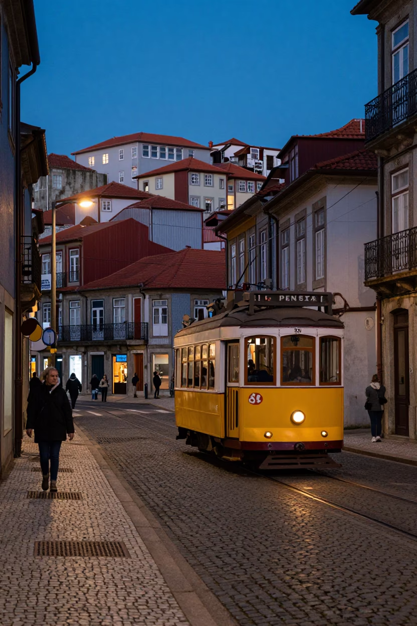 Blue Hour Street Scene in Porto Portugal with Tram and Cobblestones in in Porto, Portugal