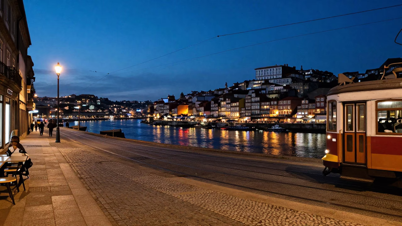Blue Hour Street Scene in Porto Portugal with Tram and River Reflections in in Porto, Portugal