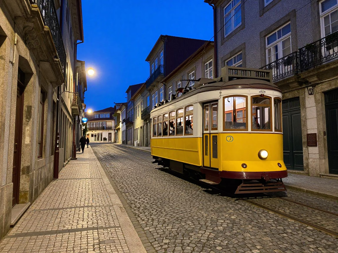 Blue Hour Street Scene in Porto Portugal with Tram and Traditional Architecture in in Porto, Portugal