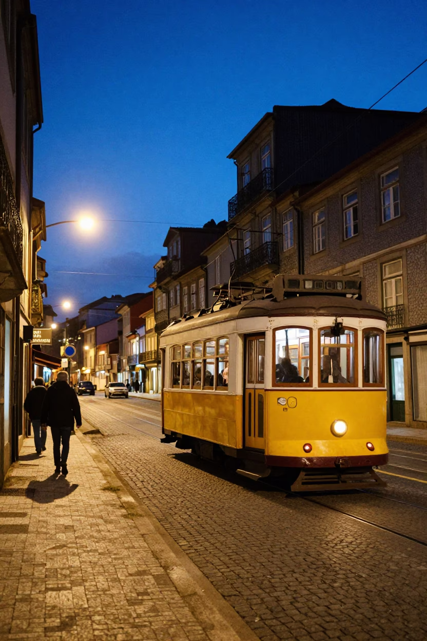 Blue Hour Street Scene in Porto Portugal with Tram and Window Light in in Porto, Portugal