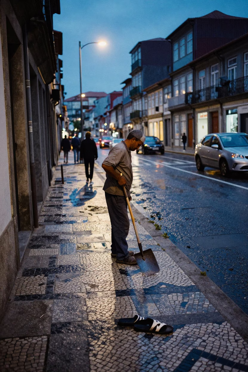 Blue Hour Street Scene in Porto Portugal with Trowel and Slippers in in Porto, Portugal