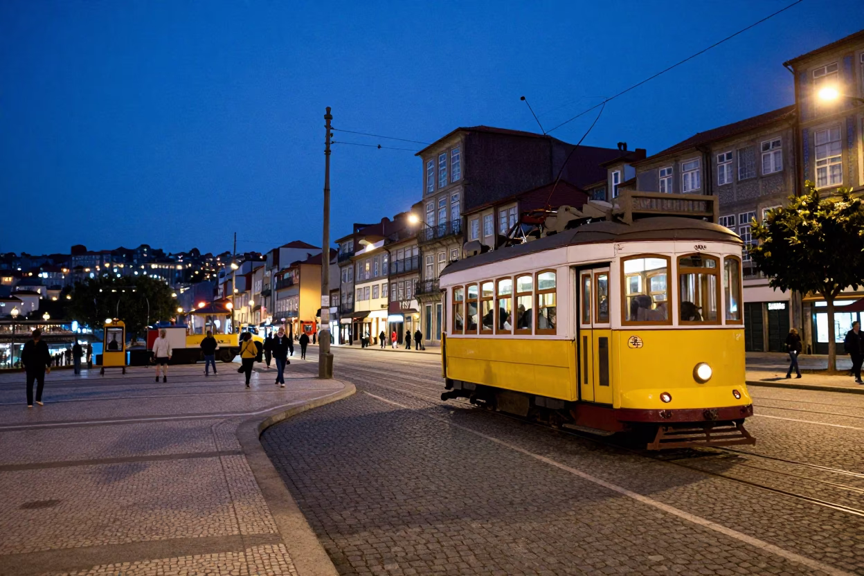 Blue Hour Street Scene in Porto Portugal with Vintage Tram and Cobblestone Plaza in in Porto, Portugal