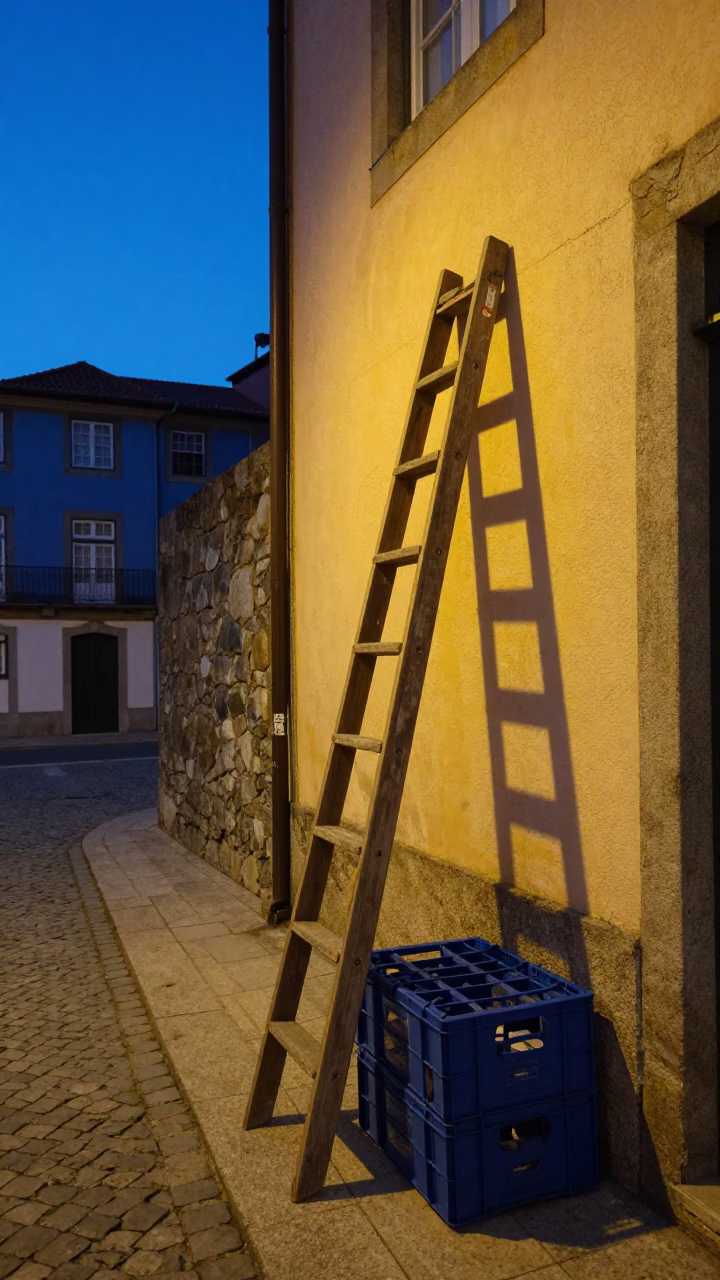 Blue Hour Street Scene in Porto Portugal with Wooden Ladder and Crate in in Porto, Portugal