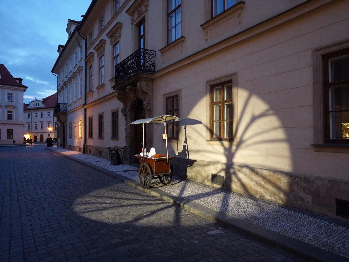 Blue Hour Street Scene in Prague Czech Republic with Wicker Shadow on Rim in in Prague, Czech Republic