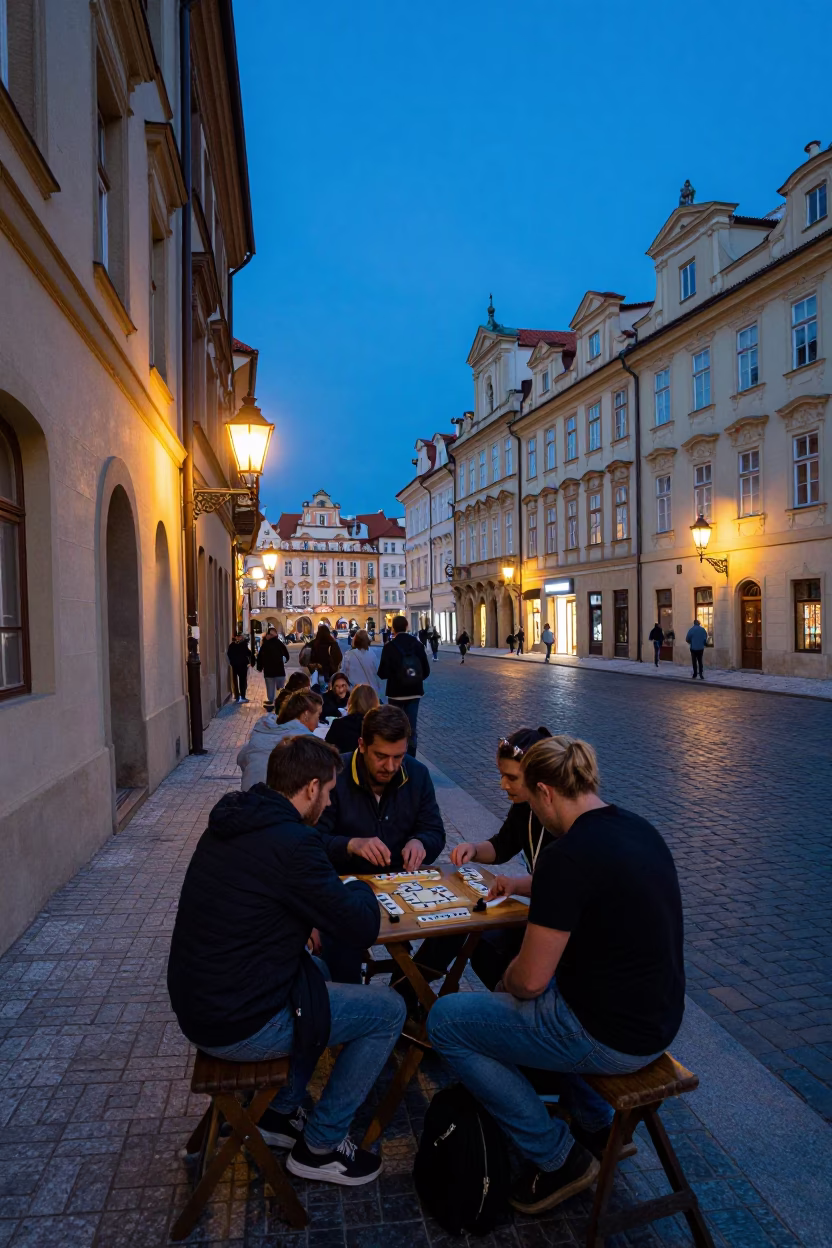 Blue hour street scene in Prague with domino game and lantern in in Prague, Czech Republic