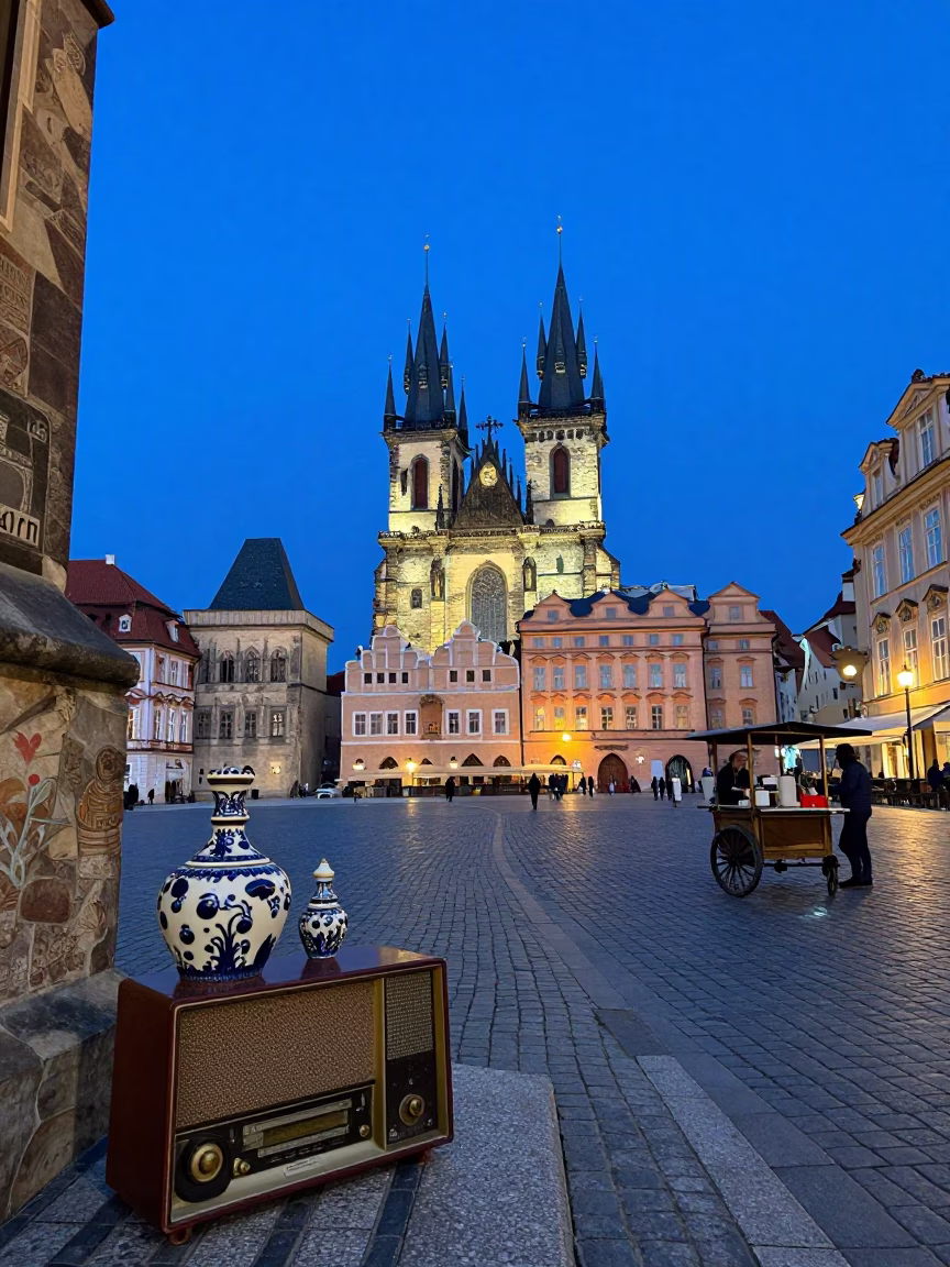 Blue Hour Street Scene in Prague with Glazed Ceramic and Vintage Radio in in Prague, Czech Republic