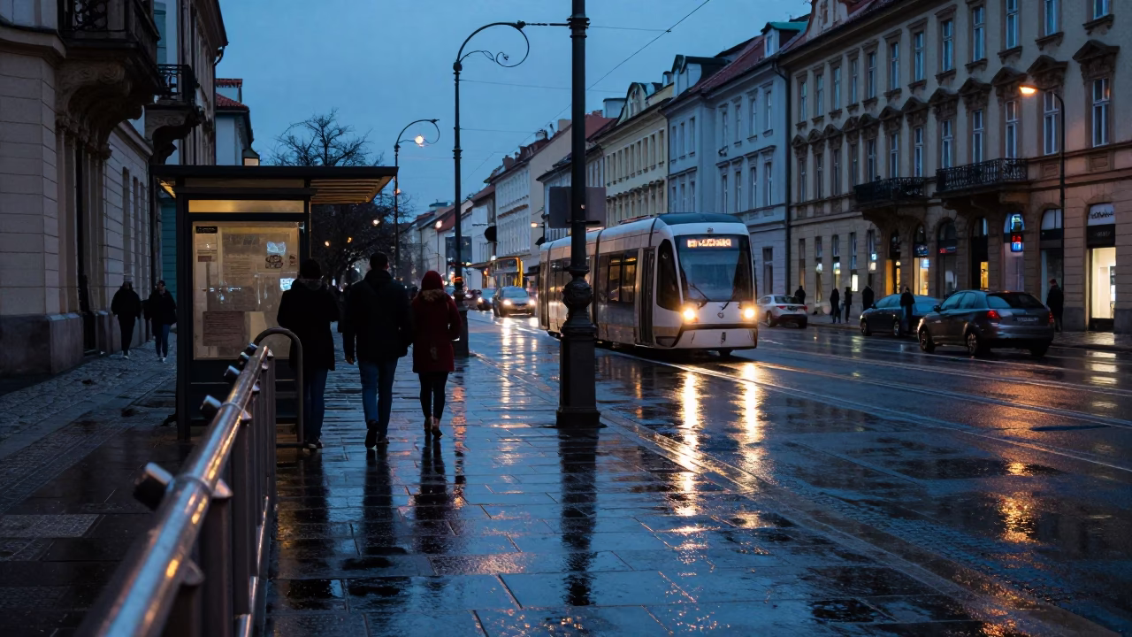 Blue Hour Street Scene in Prague with Reflections and Urban Details in in Prague, Czech Republic