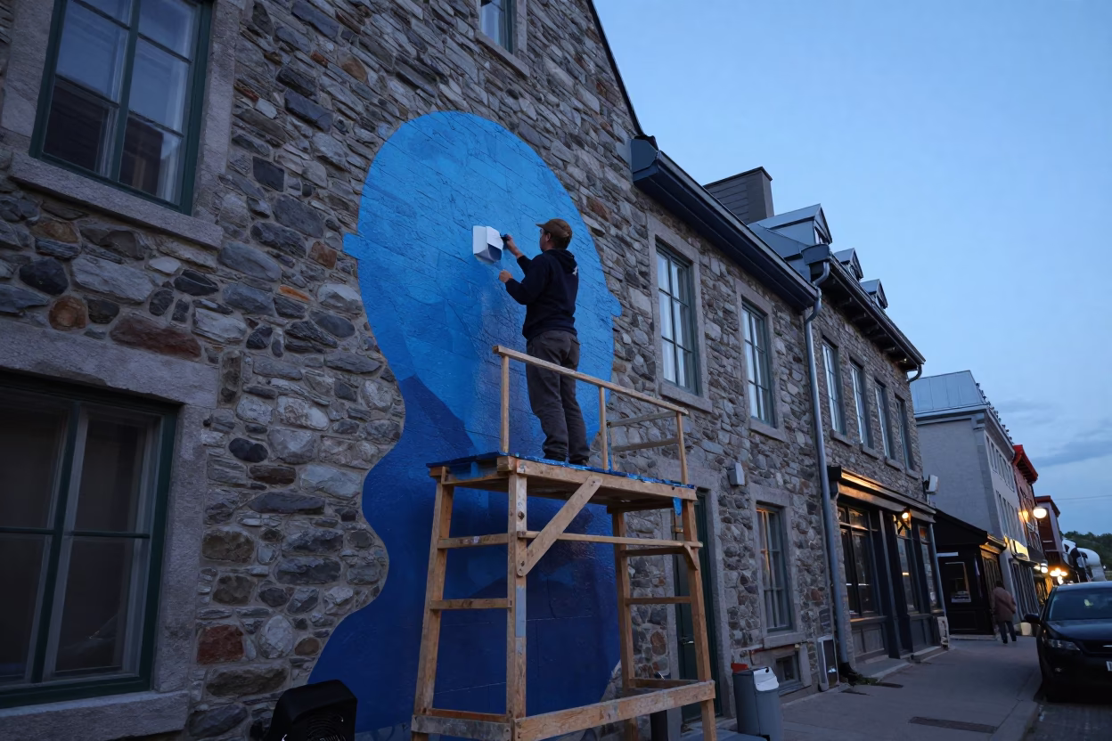 Blue Hour Street Scene in Quebec City Featuring Artist Painting Mural in in Quebec City, Quebec, Canada