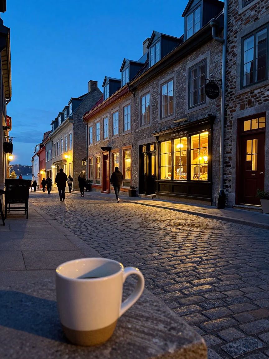 Blue Hour Street Scene in Quebec City Featuring Ceramic Cup and Wicker Shadow Latch in in Quebec City, Quebec, Canada