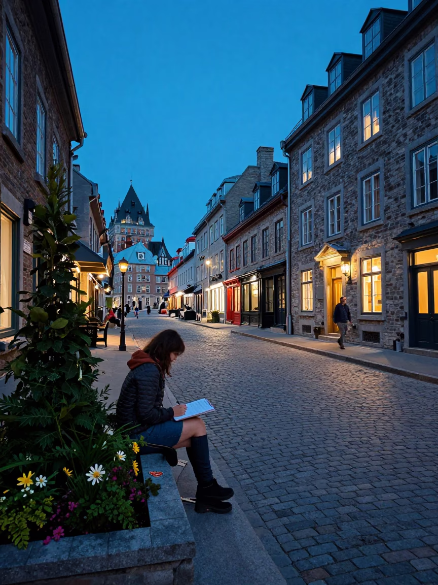 Blue Hour Street Scene in Quebec City Featuring Clipboard and Garden Rake in in Quebec City, Quebec, Canada
