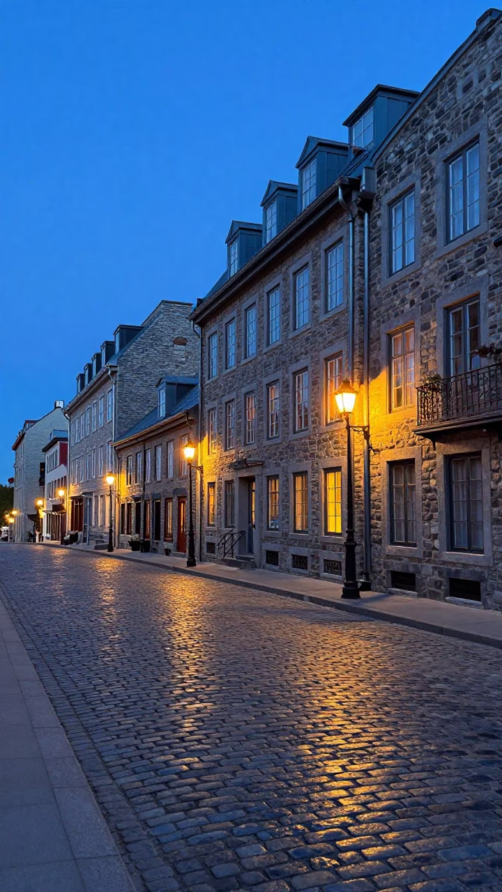 Blue Hour Street Scene in Quebec City Featuring Historic Stone Architecture and Urban Reflections in in Quebec City, Quebec, Canada