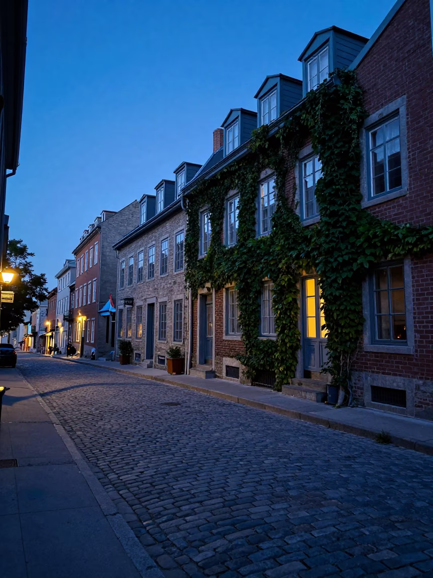 Blue Hour Street Scene in Quebec City Featuring Ivy on Brick and Park Bench in in Quebec City, Quebec, Canada