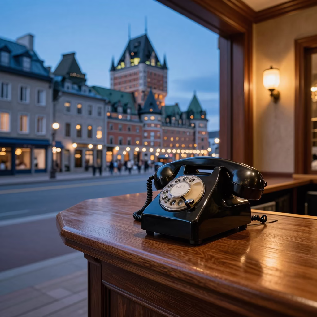 Blue Hour Street Scene in Quebec City Featuring Vintage Bakelite Telephone on Hotel Desk in in Quebec City, Quebec, Canada