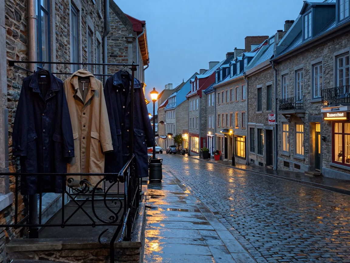 Blue Hour Street Scene in Quebec City Old Port with Raincoats and Cobblestone Reflections in in Quebec City, Quebec, Canada
