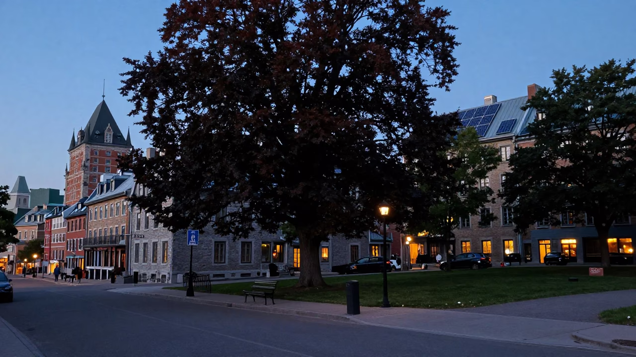 Blue Hour Street Scene in Quebec City With Copper Beech Tree And Solar Array in in Quebec City, Quebec, Canada
