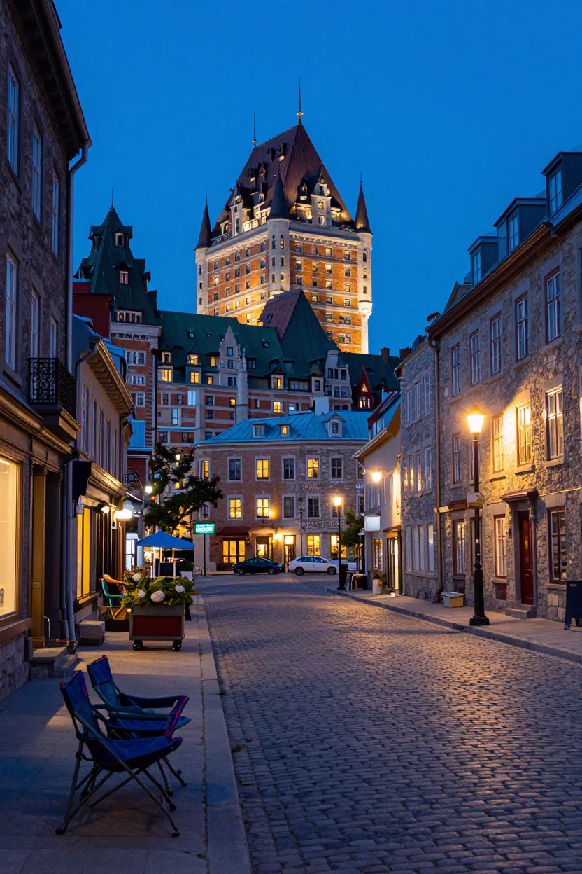 Blue Hour Street Scene in Quebec City with Folding Chairs and Rolling Carts in in Quebec City, Quebec, Canada