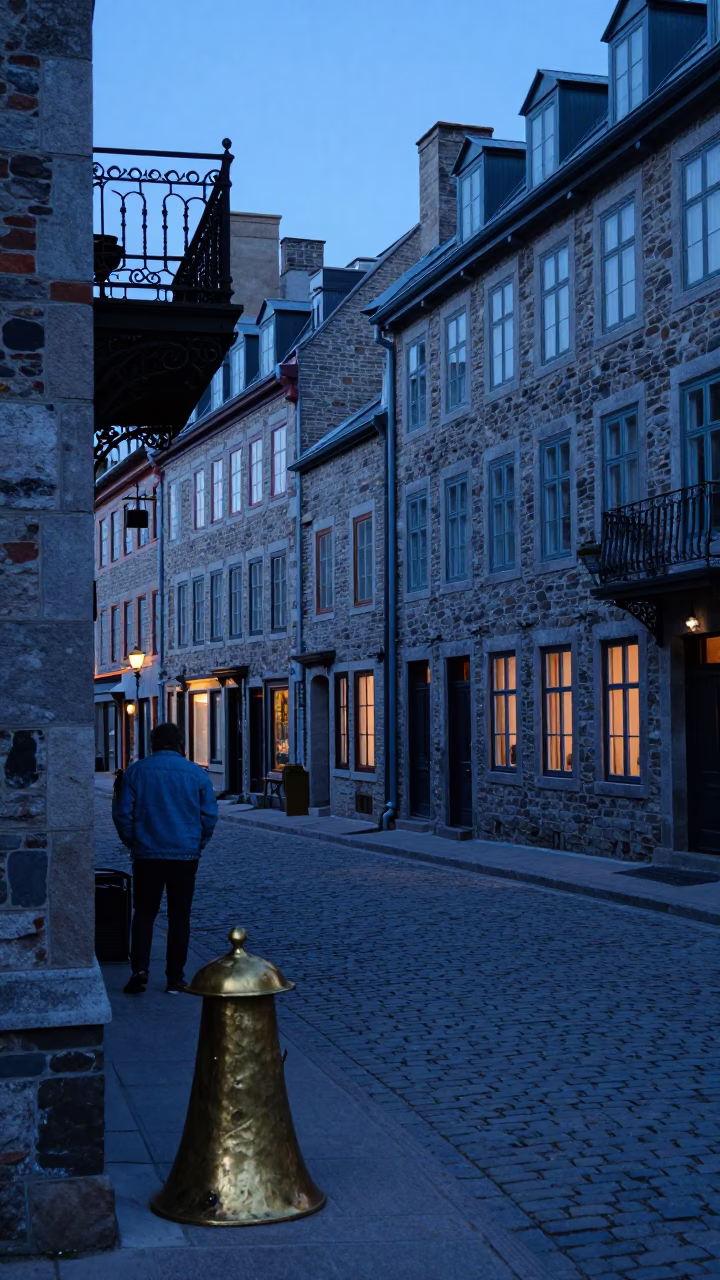 Blue Hour Street Scene in Quebec City with Hammered Metal and Brass Details in in Quebec City, Quebec, Canada