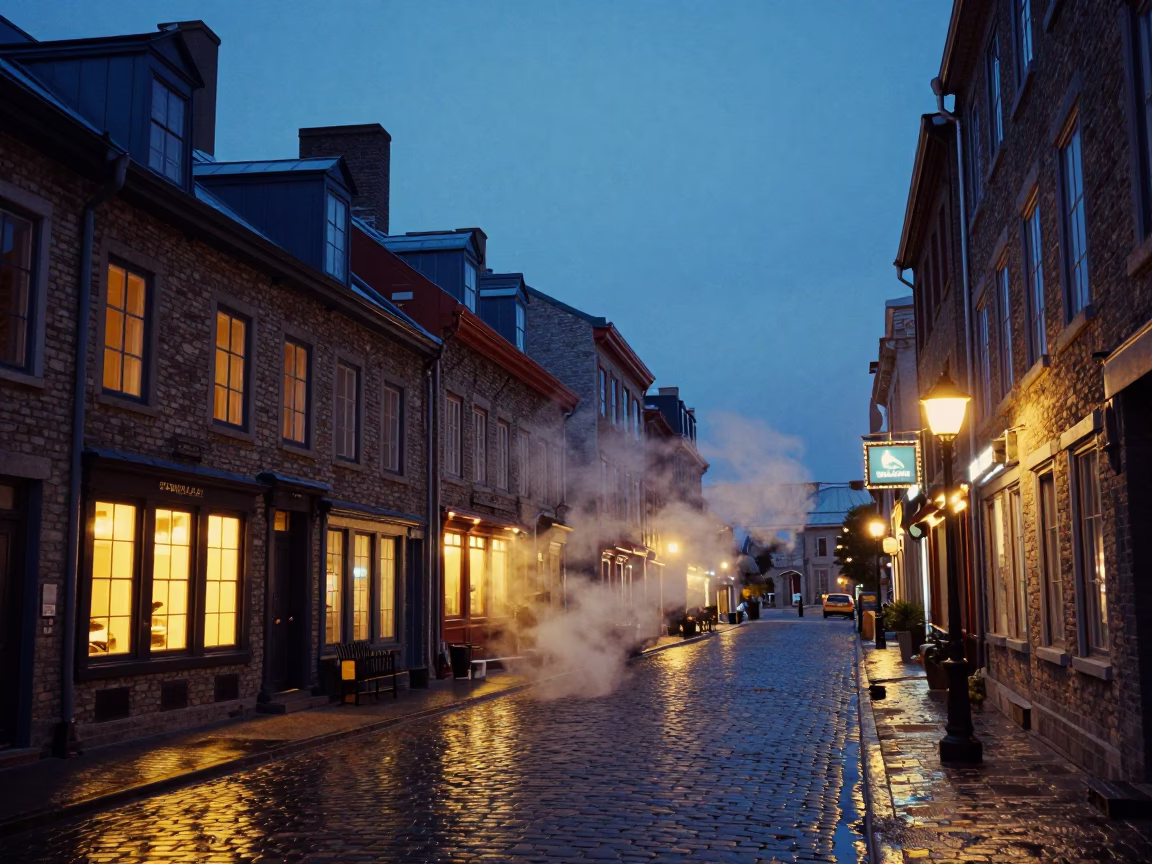 Blue Hour Street Scene in Quebec City with Steam and Urban Details in in Quebec City, Quebec, Canada