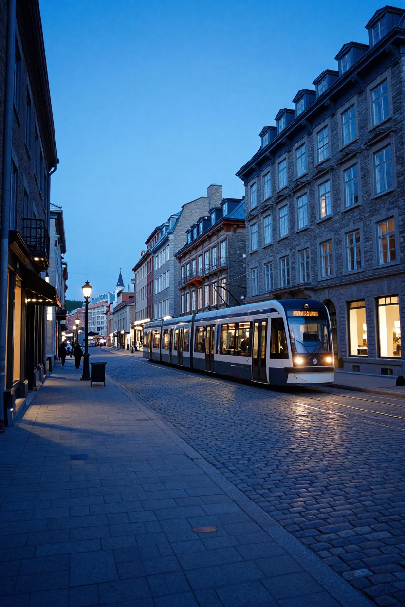 Blue Hour Street Scene in Quebec City with Tram and Historic Architecture in in Quebec City, Quebec, Canada