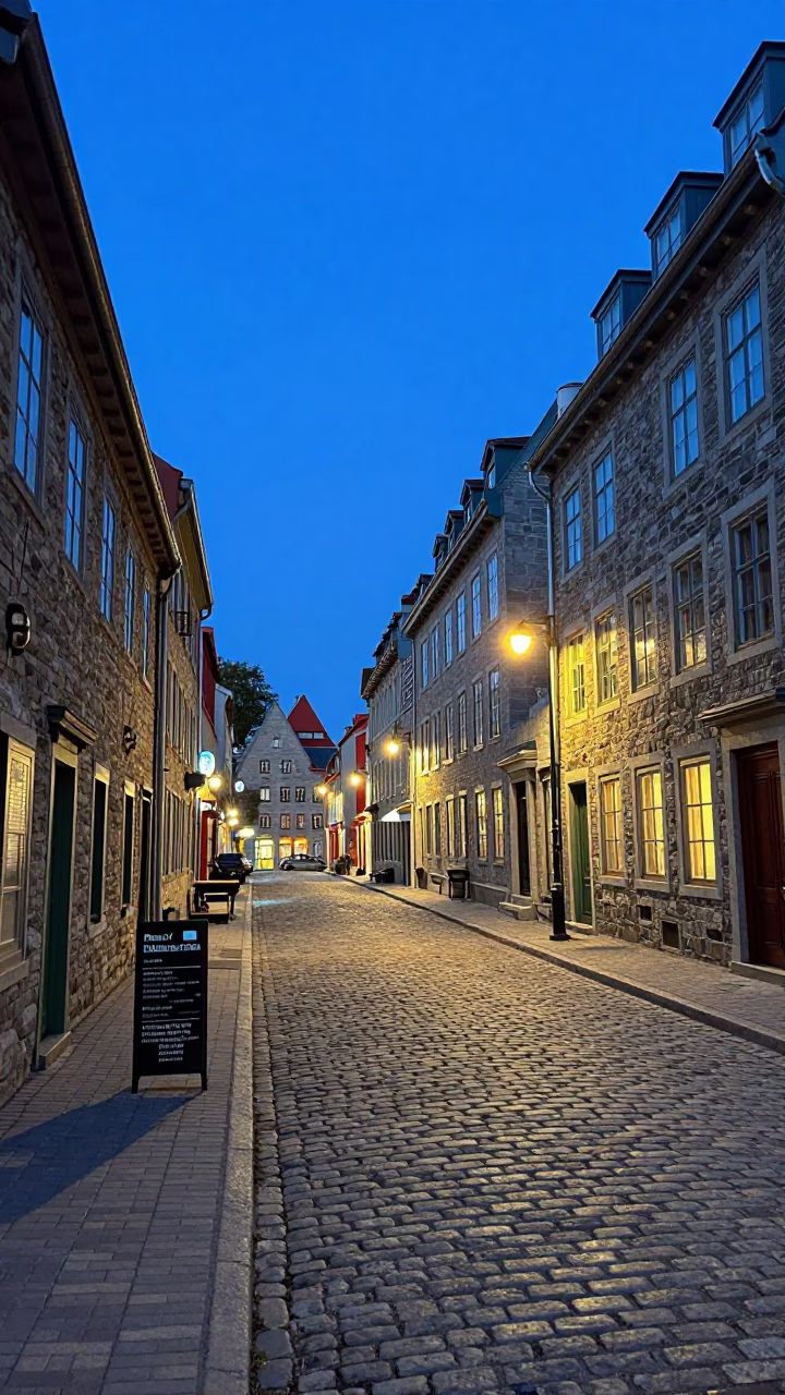Blue Hour Street Scene in Quebec City with Valet Stand and Headlight Streaks in in Quebec City, Quebec, Canada