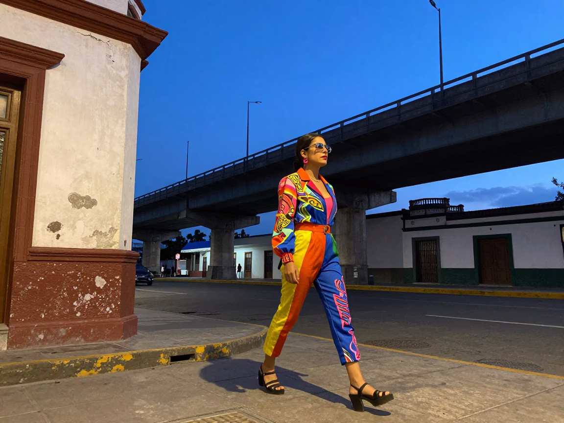 Blue Hour Street Scene in Quito Ecuador With Highway Flyover And Colorful Fashion in in Quito, Ecuador