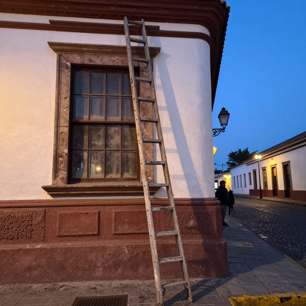 Blue Hour Street Scene in Quito Ecuador with Ladder and Dusty Window in in Quito, Ecuador