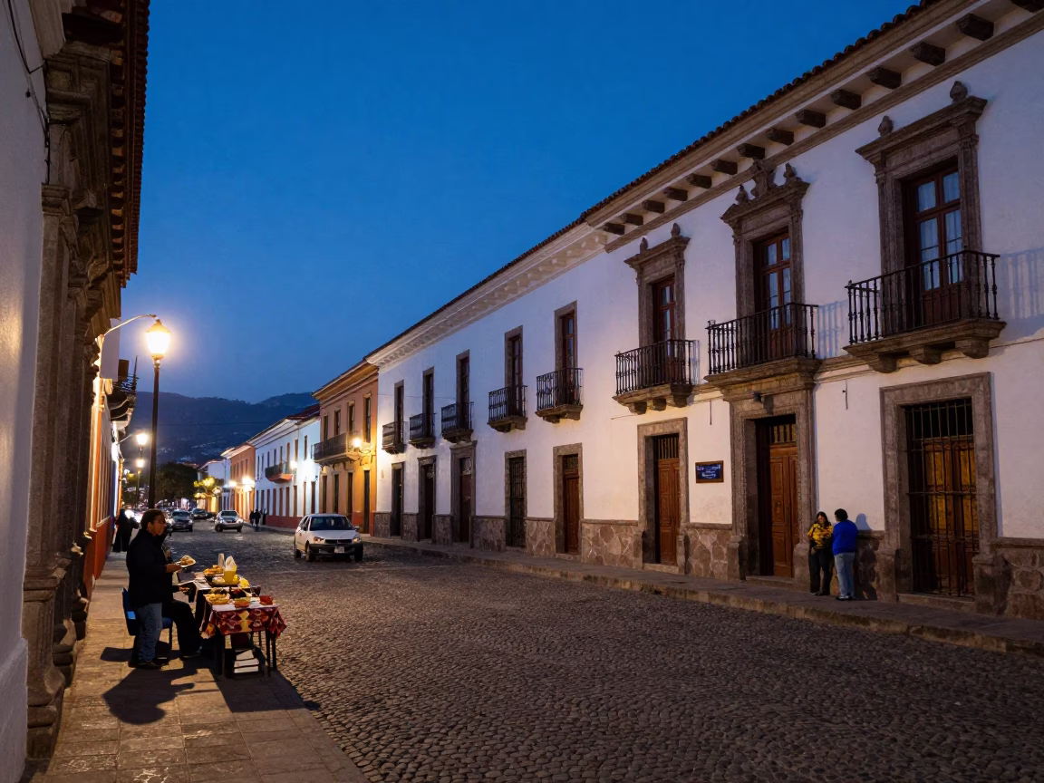 Blue Hour Street Scene in Quito Ecuador with Local Food and Daily Life in in Quito, Ecuador