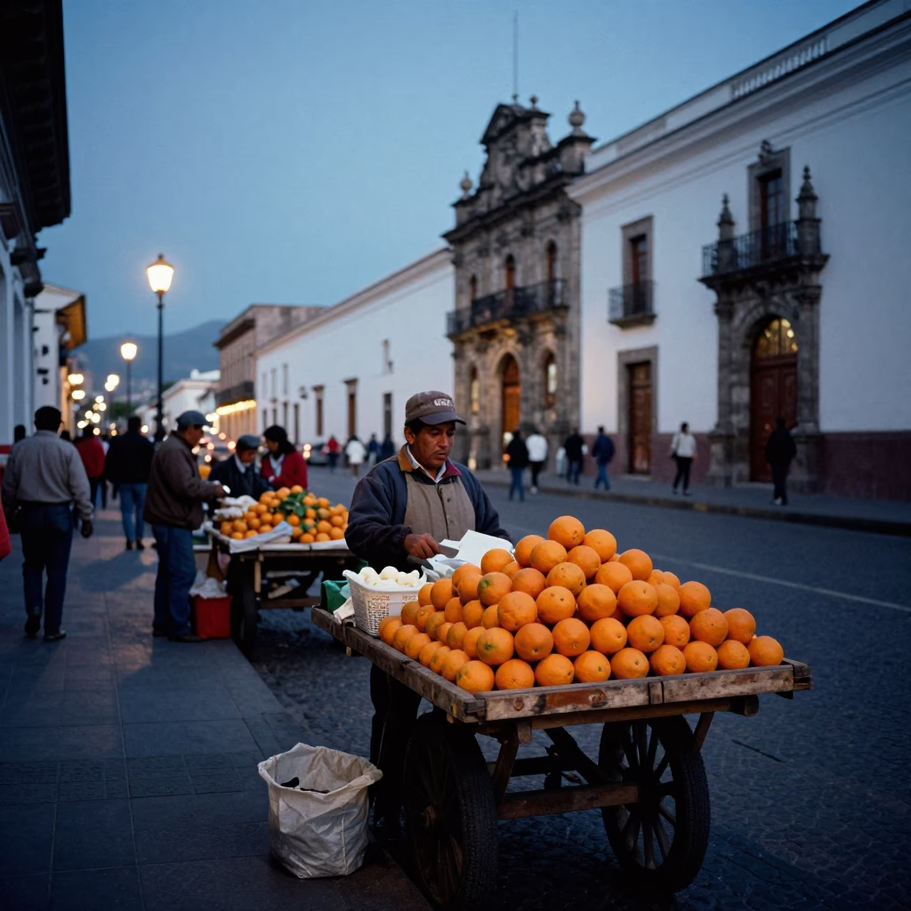 Blue Hour Street Scene in Quito Ecuador with Oranges and Local Market Activity in in Quito, Ecuador
