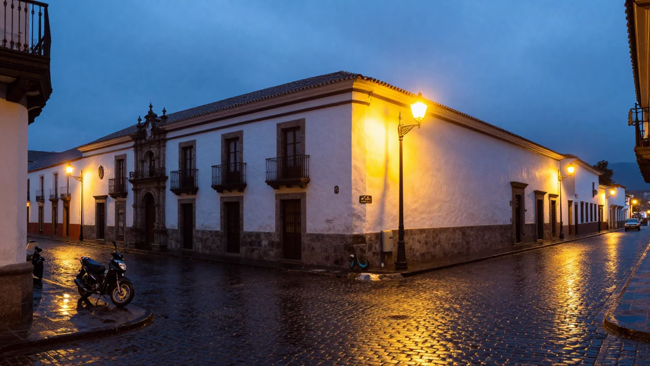 Blue Hour Street Scene in Quito Ecuador With Parked Motorcycle And Historic Colonial Architecture in in Quito, Ecuador