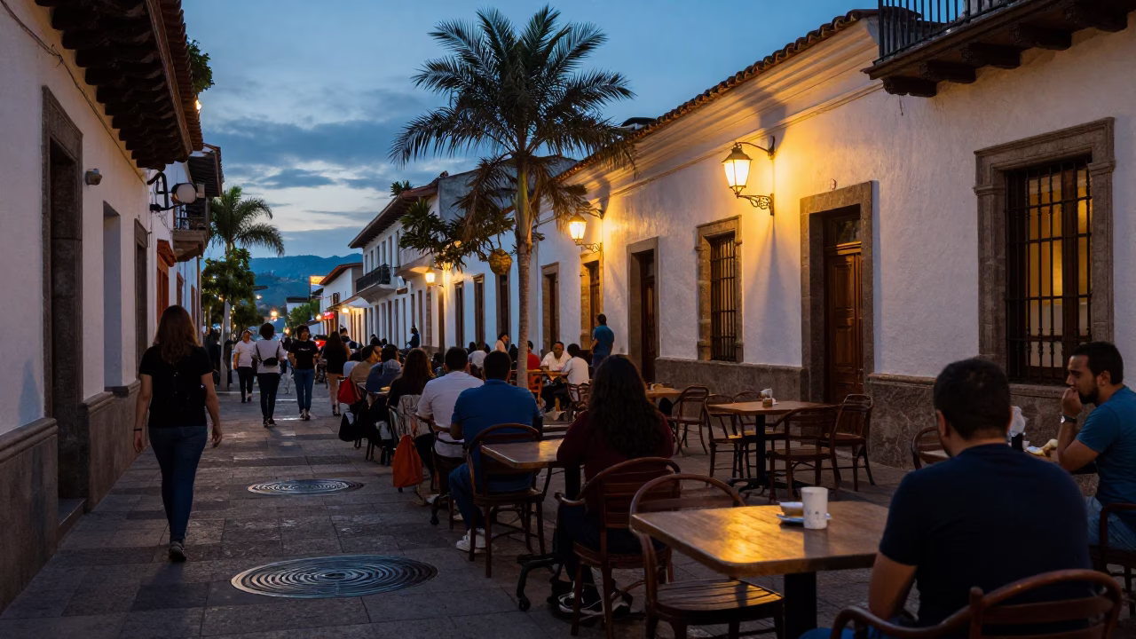 Blue Hour Street Scene in Quito Ecuador with Water Rings on Table in in Quito, Ecuador