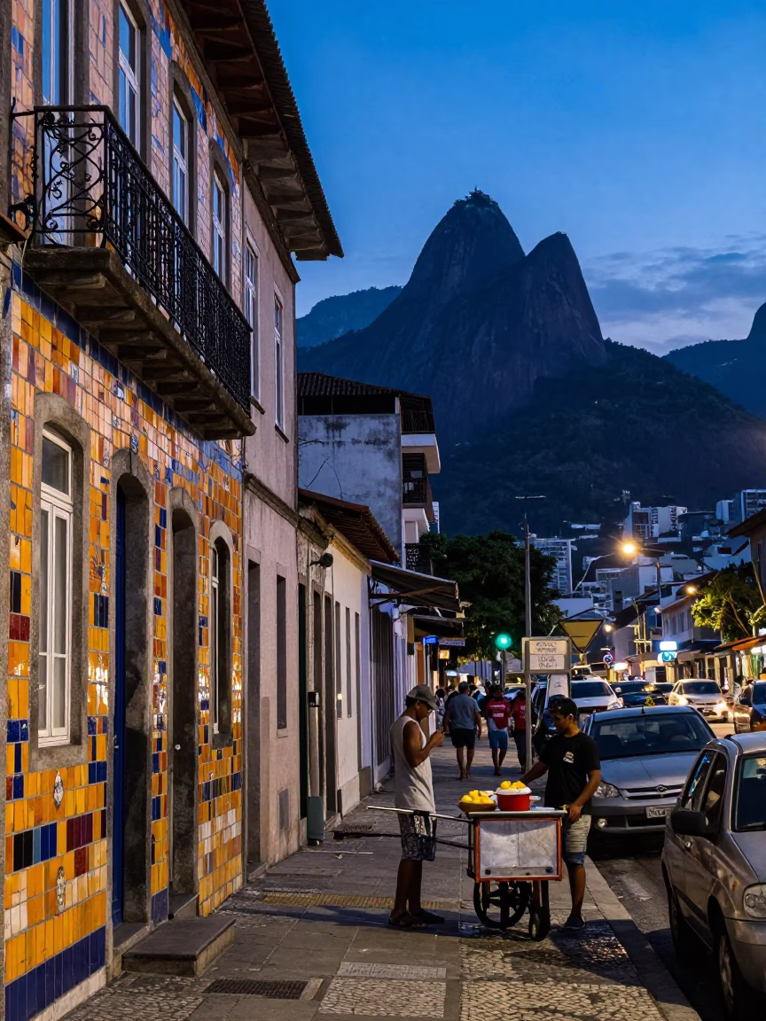 Blue Hour Street Scene in Rio de Janeiro Brazil with Colorful Details in in Rio de Janeiro, Brazil