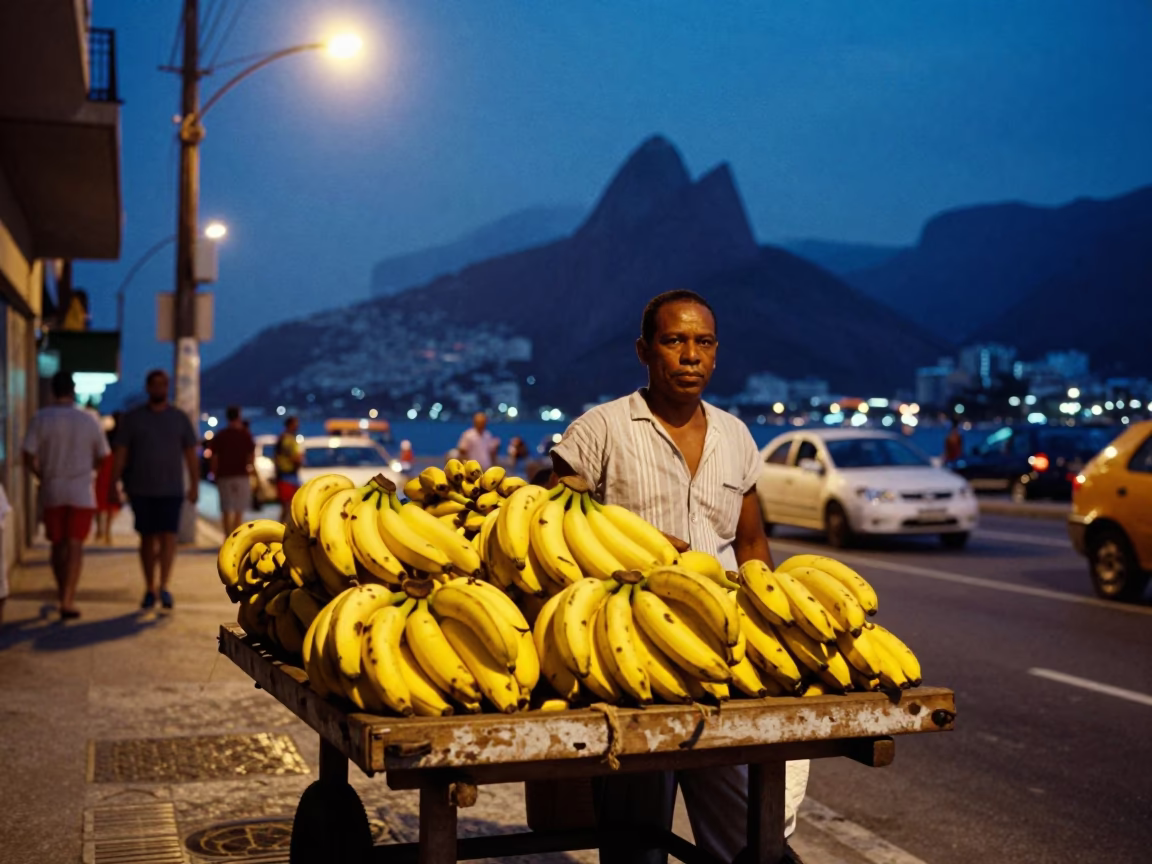Blue Hour Street Scene in Rio de Janeiro Brazil with Fruit Vendor in in Rio de Janeiro, Brazil