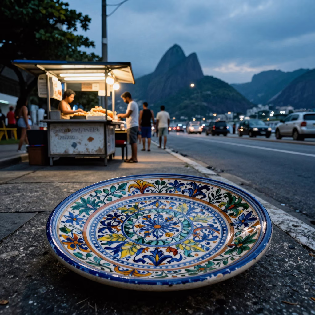 Blue Hour Street Scene in Rio de Janeiro Brazil with Vintage Italian Majolica Plate in in Rio de Janeiro, Brazil