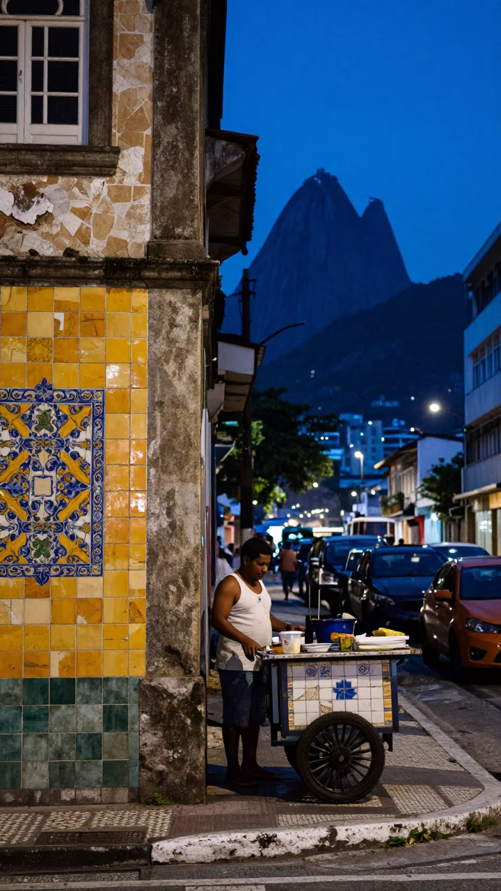 Blue Hour Street Scene in Rio De Janeiro Featuring Ceramic Tiles in in Rio de Janeiro, Brazil