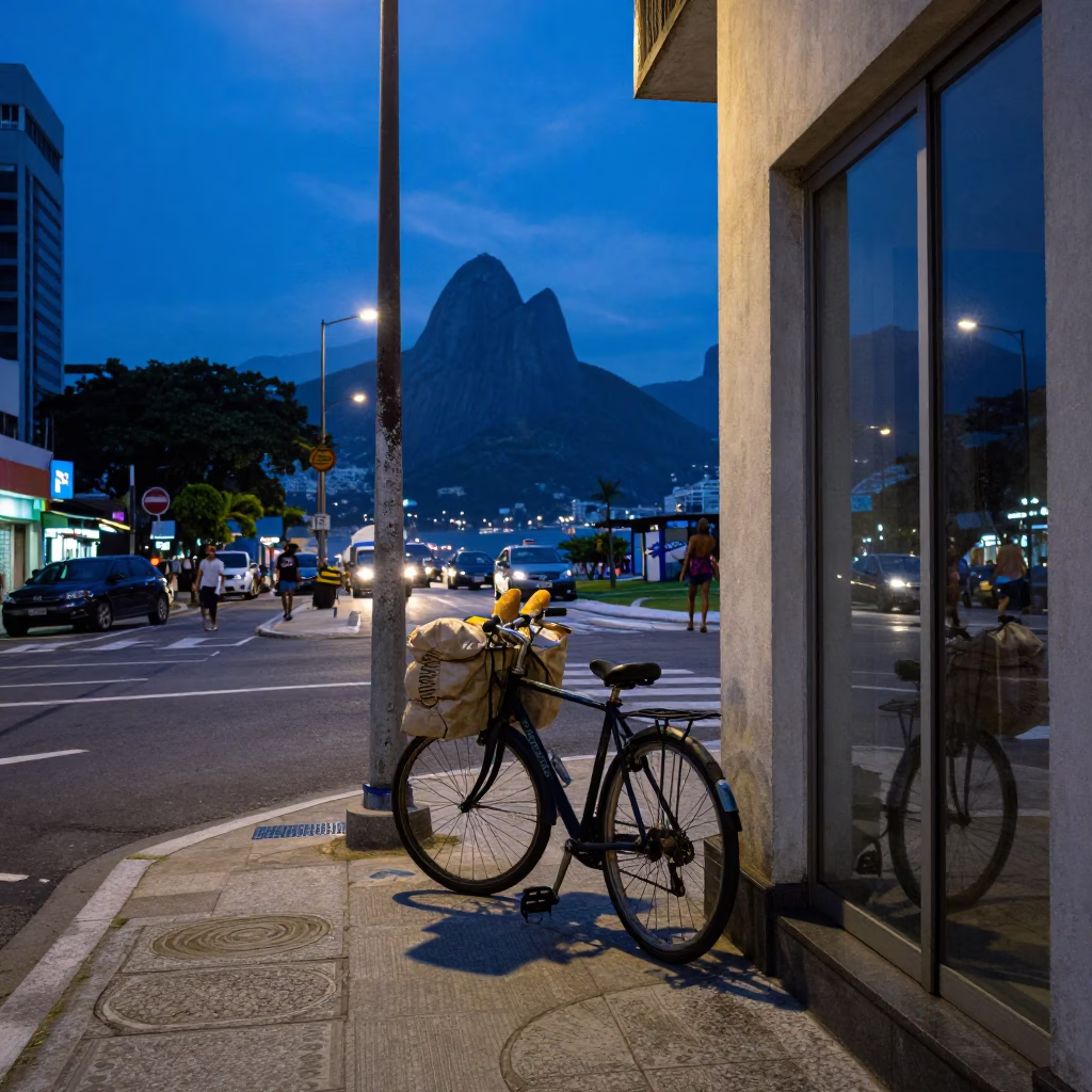 Blue Hour Street Scene in Rio de Janeiro with Bicycle and Glass Doorframe in in Rio de Janeiro, Brazil