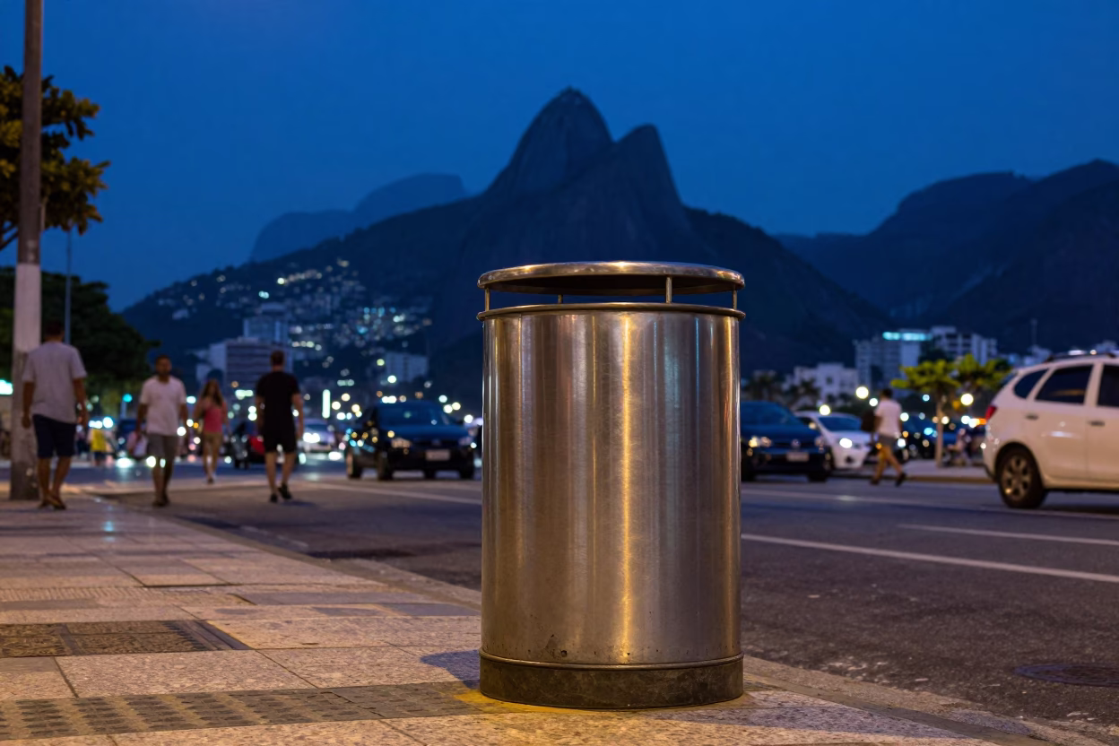 Blue Hour Street Scene in Rio de Janeiro with Brushed Steel Reflection in in Rio de Janeiro, Brazil