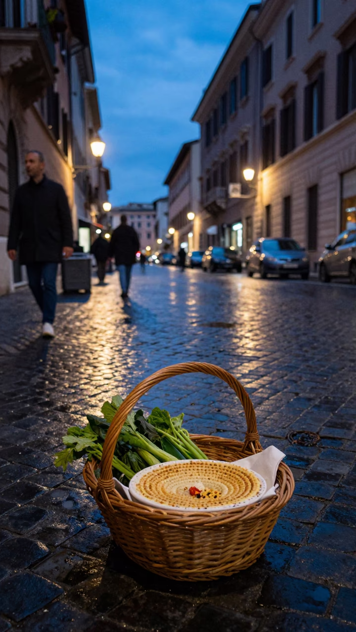 Blue Hour Street Scene in Rome Italy with Basket and Fatteh Bowl in in Rome, Italy