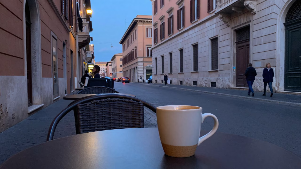 Blue Hour Street Scene in Rome Italy with Coffee Mug and Urban Details in in Rome, Italy